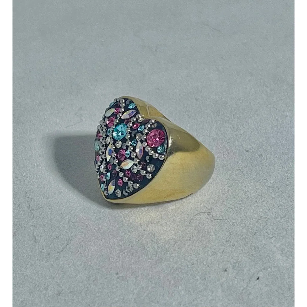 Vintage Linaje Stainless gold tone ring with multi-colored rhinestones sz. 5 3/4